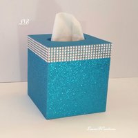 Glitter & Diamond Wrap Tissue Box Cover-Aqua blue fine glitter or a variety of colors-w/silver diamond wrap rhinestone bling
