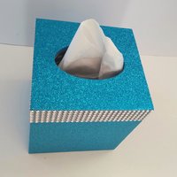 Glitter & Diamond Wrap Tissue Box Cover-Aqua blue fine glitter or a variety of colors-w/silver diamond wrap rhinestone bling