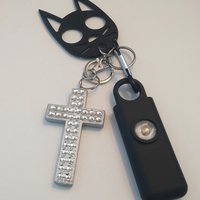 Bling Cross Keychain Safety Set -130 decibel personal alarm w/strobe light, self defense cat and handmade bling cross   