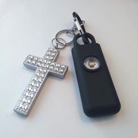 Bling Cross Keychain Safety Set -130 decibel personal alarm w/strobe light, self defense cat and handmade bling cross   