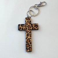 Cheetah Cross Keychain Safety Set -130 decibel personal alarm w/strobe light, self defense cat and handmade cheetah/leopard cross or purse charm