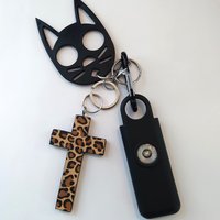 Cheetah Cross Keychain Safety Set -130 decibel personal alarm w/strobe light, self defense cat and handmade cheetah/leopard cross or purse charm