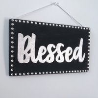 Bling Blessed Wall Sign - Handpainted Black with metallic silver, fine glitter blessed word and clear rhinestones