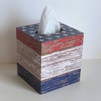Patriotic Tissue Box Cover - Decoupage red, white and blue woodgrain design with stars