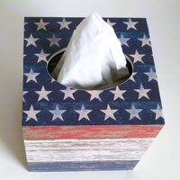 Patriotic Tissue Box Cover - Decoupage red, white and blue woodgrain design with stars
