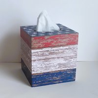 Patriotic Tissue Box Cover - Decoupage red, white and blue woodgrain design with stars