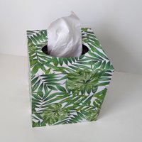 Tropical Palm Tissue Box Cover- Decoupage with green leaves on white background