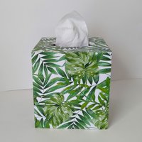 Tropical Palm Tissue Box Cover- Decoupage with green leaves on white background