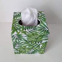 Tropical Palm Tissue Box Cover- Decoupage with green leaves on white background