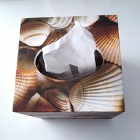 Seashells Tissue Box Cover - Decoupage square tissue holder, coastal beach decor