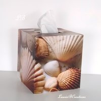 Seashells Tissue Box Cover - Decoupage square tissue holder, coastal beach decor