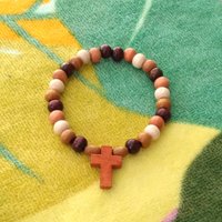 Wood Beaded Cross Bracelet Set- Earthtone, stacked, boho style stretch bracelet with 7mm beads