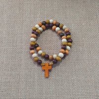 Wood Beaded Cross Bracelet Set- Earthtone, stacked, boho style stretch bracelet with 7mm beads