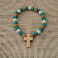 Wood Beaded Cross Bracelet Set- Natural, cream & turquoise/teal, boho style stretch bracelet with 7mm beads, stackable
