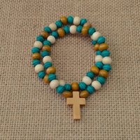 Wood Beaded Cross Bracelet Set- Natural, cream & turquoise/teal, boho style stretch bracelet with 7mm beads, stackable