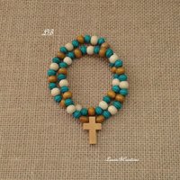 Wood Beaded Cross Bracelet Set- Natural, cream & turquoise/teal, boho style stretch bracelet with 7mm beads, stackable