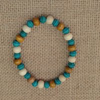Wood Beaded Cross Bracelet Set- Natural, cream & turquoise/teal, boho style stretch bracelet with 7mm beads, stackable