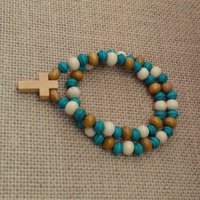Wood Beaded Cross Bracelet Set- Natural, cream & turquoise/teal, boho style stretch bracelet with 7mm beads, stackable