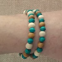 Wood Beaded Cross Bracelet Set- Natural, cream & turquoise/teal, boho style stretch bracelet with 7mm beads, stackable