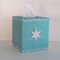 Glitter & Bling Snowflake Tissue Box Cover - Sparkling square tissue holder w/ fine glitter and clear rhinestones
