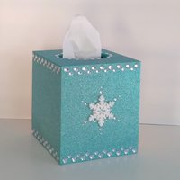 Glitter & Bling Snowflake Tissue Box Cover - Sparkling square tissue holder w/ fine glitter and clear rhinestones