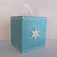 Glitter & Bling Snowflake Tissue Box Cover - Sparkling square tissue holder w/ fine glitter and clear rhinestones