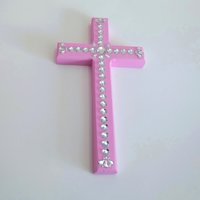 Bling Rhinestone Wall Cross - Handpainted cross with clear round and tear drop shaped rhinestones- 8" x 4.5"