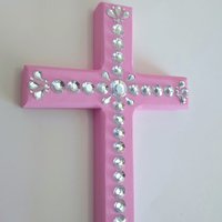 Bling Rhinestone Wall Cross - Handpainted cross with clear round and tear drop shaped rhinestones- 8" x 4.5"