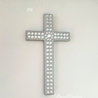 Silver & Bling Cross - Handpainted Wall Cross w/Clear Rhinestones and Circular Center, 8" x 4.5"- ready to ship sale