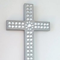 Silver & Bling Cross - Handpainted Wall Cross w/Clear Rhinestones and Circular Center, 8" x 4.5"- ready to ship sale