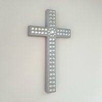 Silver & Bling Cross - Handpainted Wall Cross w/Clear Rhinestones and Circular Center, 8" x 4.5"- ready to ship sale