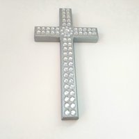 Silver & Bling Cross - Handpainted Wall Cross w/Clear Rhinestones and Circular Center, 8" x 4.5"- ready to ship sale