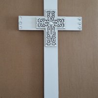 Bling Laser Cut Cross - Handpainted white and light brown w/clear rhinestones - 12" - ready to ship sale