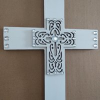 Bling Laser Cut Cross - Handpainted white and light brown w/clear rhinestones - 12" - ready to ship sale