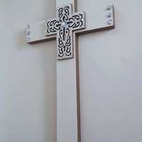 Bling Laser Cut Cross - Handpainted white and light brown w/clear rhinestones - 12" - ready to ship sale