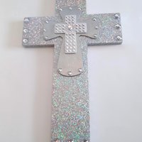 Silver Glitter & Bling Wall Cross - Sparkling silver prisma glitter w/rhinestone center crosses - 12.5 x 8"-ready to ship sale