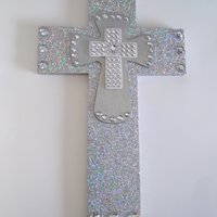 Silver Glitter & Bling Wall Cross - Sparkling silver prisma glitter w/rhinestone center crosses - 12.5 x 8"-ready to ship sale