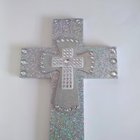 Silver Glitter & Bling Wall Cross - Sparkling silver prisma glitter w/rhinestone center crosses - 12.5 x 8"-ready to ship sale
