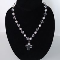 Clear Glass & Pearl Cross Necklace - 18" with clear glass cross pendant