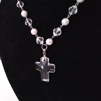 Clear Glass & Pearl Cross Necklace - 18" with clear glass cross pendant