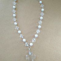 Clear Glass & Pearl Cross Necklace - 18" with clear glass cross pendant