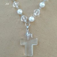Clear Glass & Pearl Cross Necklace - 18" with clear glass cross pendant