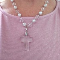 Clear Glass & Pearl Cross Necklace - 18" with clear glass cross pendant