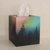 Aurora Borealis Northern Lights Tissue Box Cover - Decoupage square tissue holder with sky and mountain trees