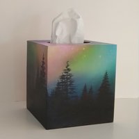 Aurora Borealis Northern Lights Tissue Box Cover - Decoupage square tissue holder with sky and mountain trees