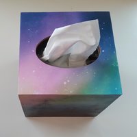 Aurora Borealis Northern Lights Tissue Box Cover - Decoupage square tissue holder with sky and mountain trees
