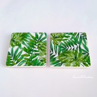 Tropical Palm Drink Coasters- Decoupage with green leaves on white background- Set of 2 