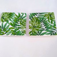 Tropical Palm Drink Coasters- Decoupage with green leaves on white background- Set of 2 