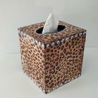Leopard & Bling Tissue Box Cover - Decoupage Wood Tissue Holder with Cheetah Print and Clear Rhinestones 