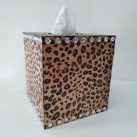 Leopard & Bling Tissue Box Cover - Decoupage Wood Tissue Holder with Cheetah Print and Clear Rhinestones 